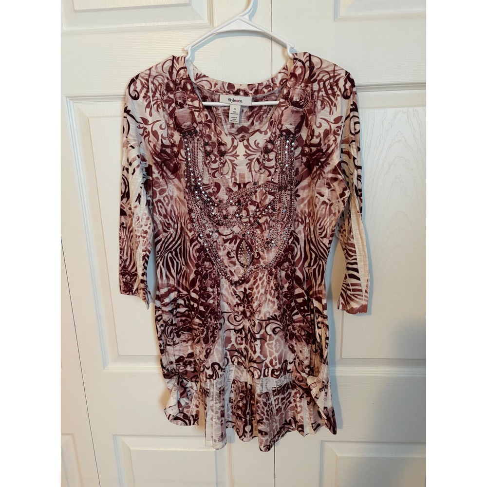 Style & Co‎ Womens Plum Animal Damask Print Embellished V-Neck Tunic Top Small